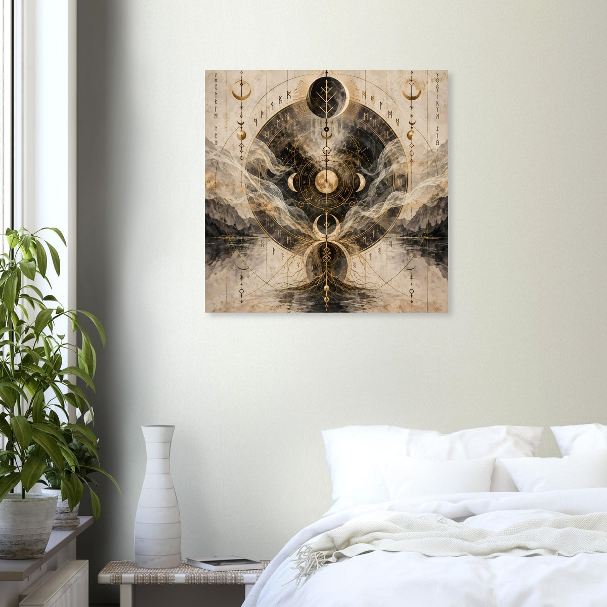 Wandposter mit Mondphasen-Illustration, goldschimmerndem Kreis und Ornamenten