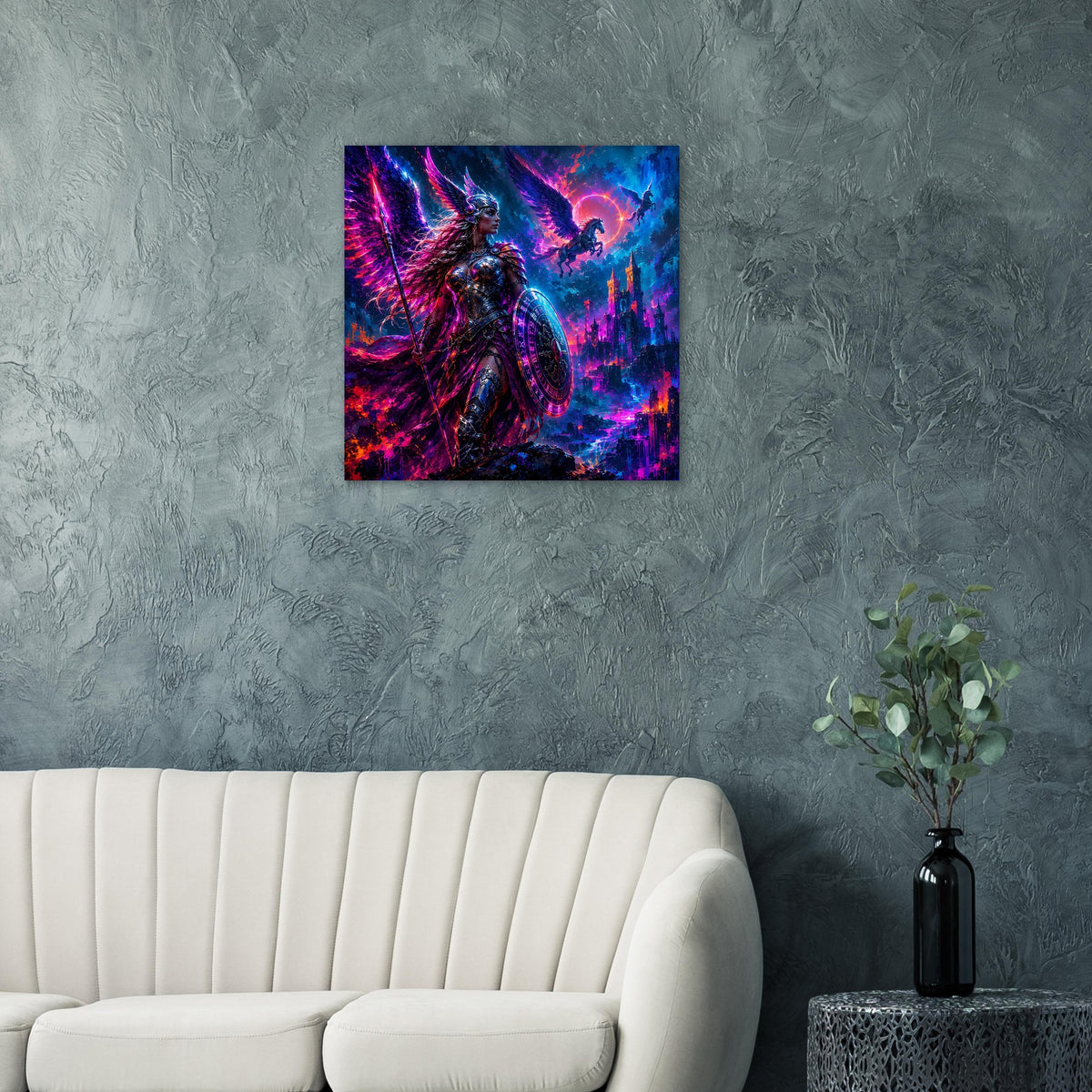 Quadratisches Fantasy-Poster mit Valkyrie-Kriegerin in leuchtenden Blau-, Lila- und Magentatönen