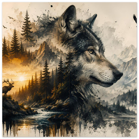Poster mit grauem Wolf im Porträt vor Berg- und Waldlandschaft beim warmen Sonnenuntergang