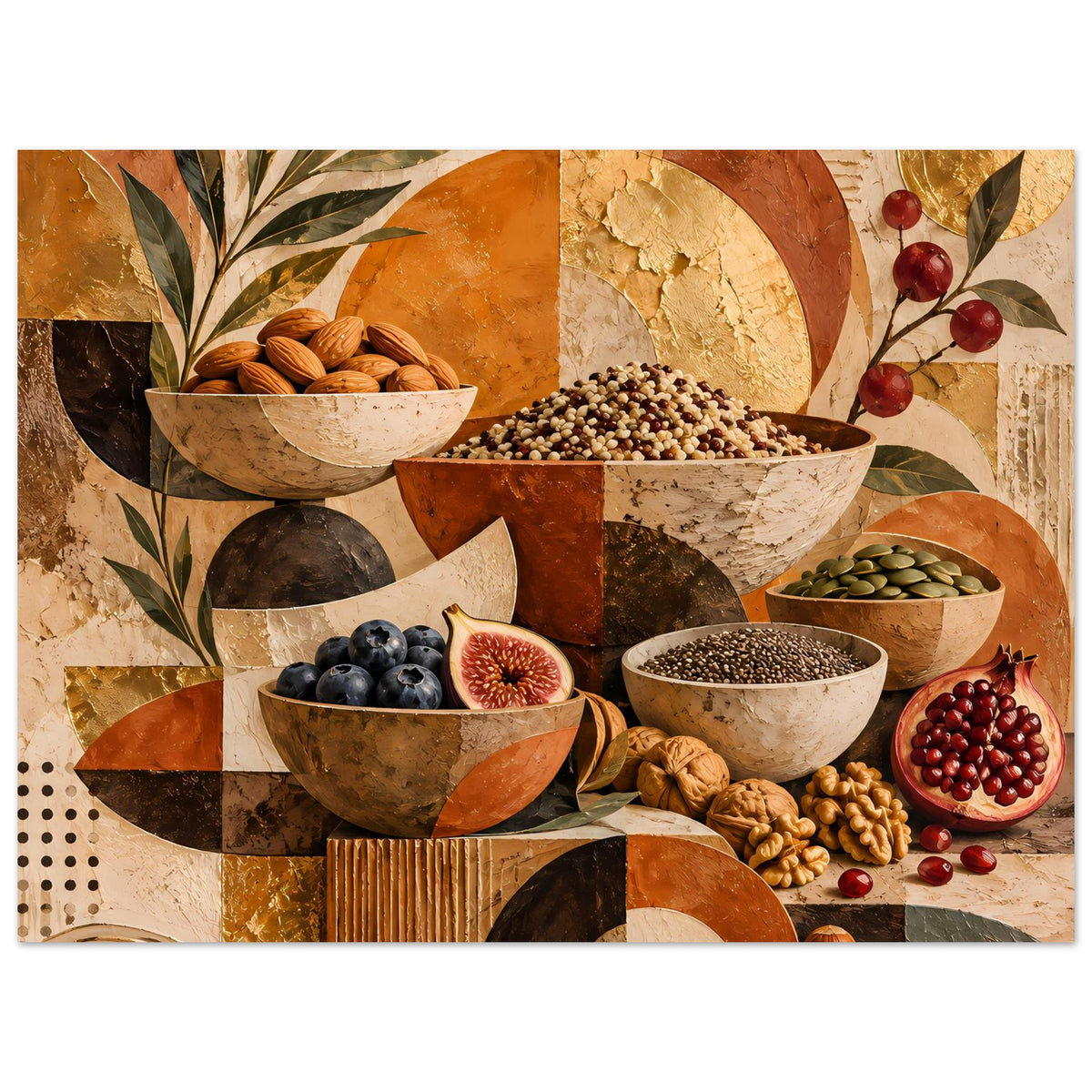 Rustikales Poster mit Schalen, Nüssen und Beeren, warmes Erdtöne-Muster mit Pflanzenzweigen