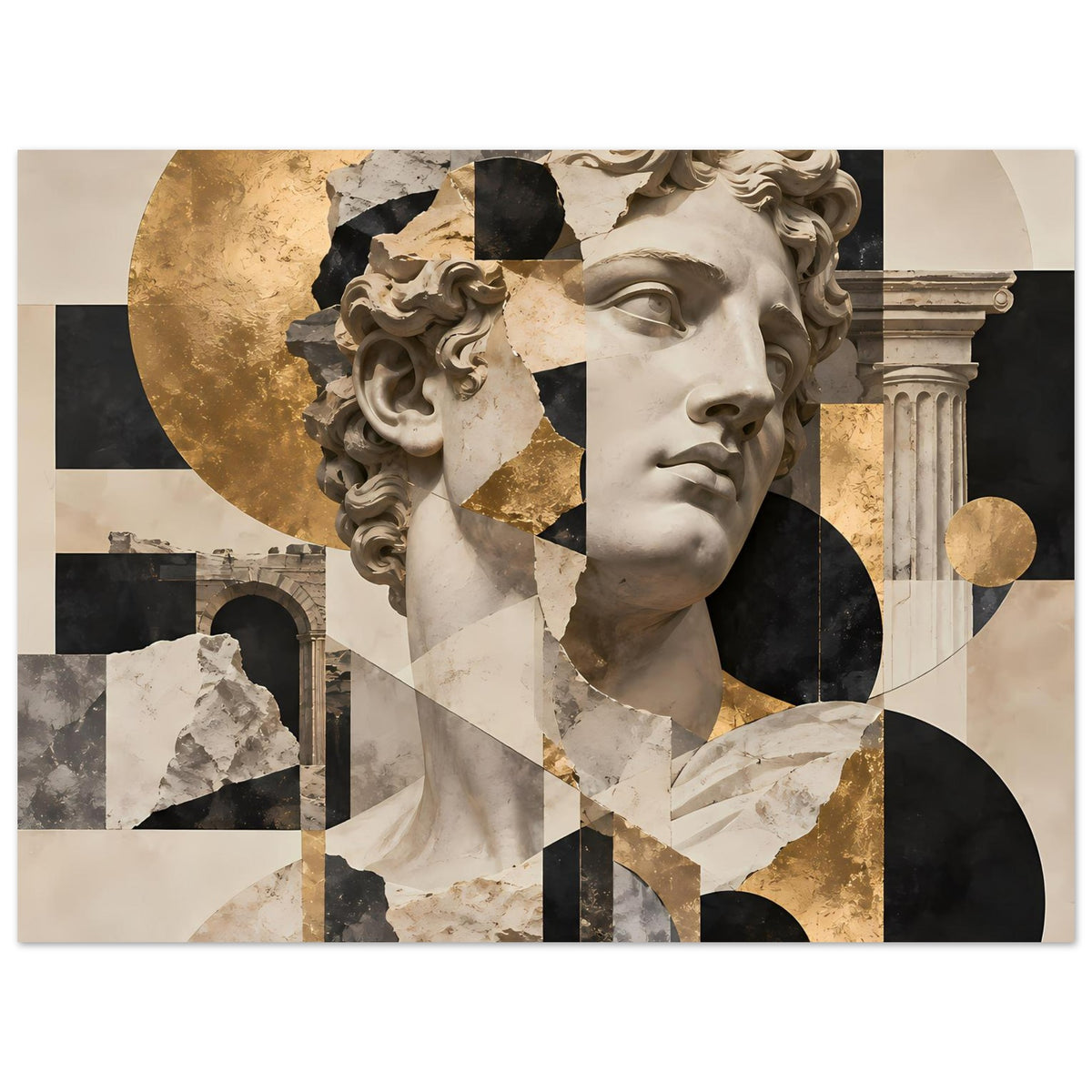 Kunstposter mit antikem Frauenkopf, geometrische Patchwork-Optik in Gold und Dunkel