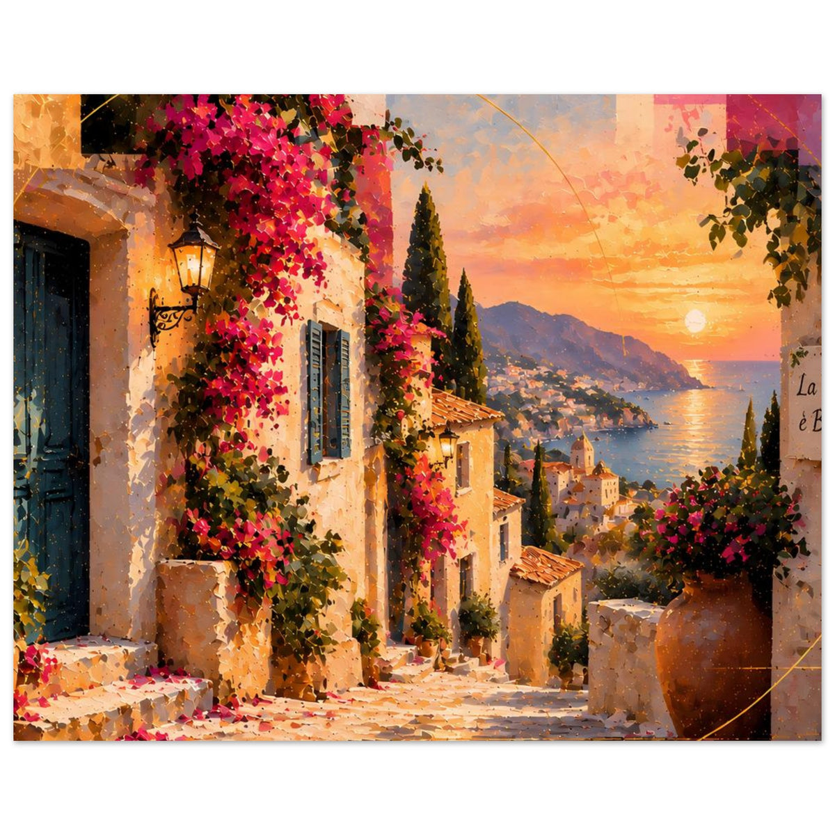 Poster: mediterrane Straße zwischen Häusern, Laterne, Zypressen und rosa-goldener Abendsonne