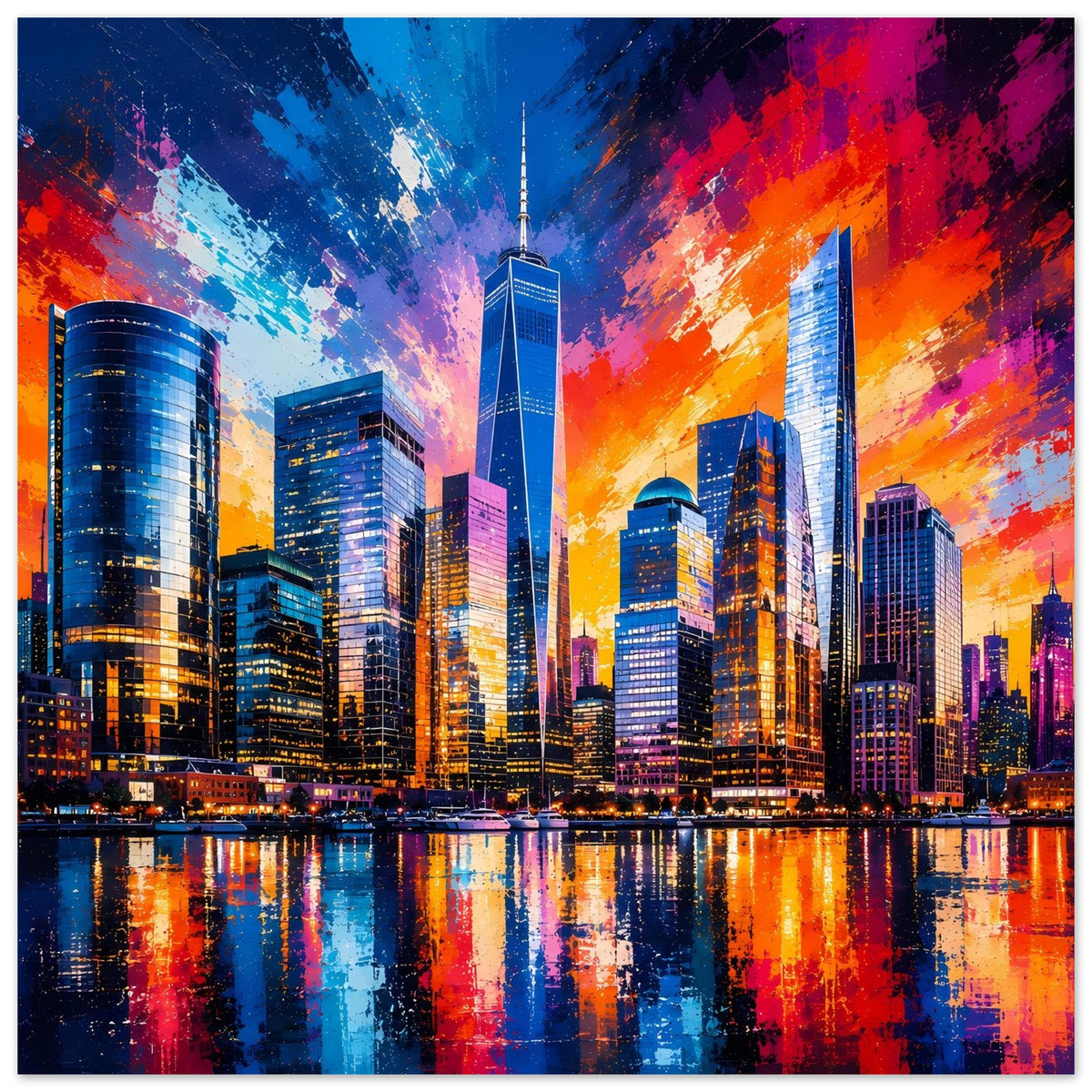 Stadtlandschafts-Poster mit Wolkenkratzern im Sunset-Farben, Spiegelung im Wasser, quadratischer Druck
