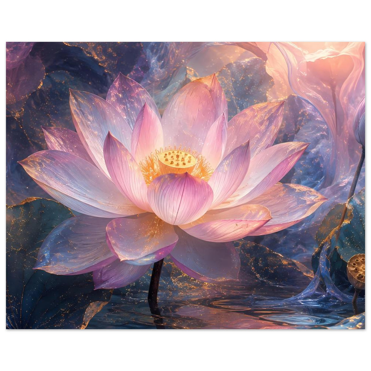 Lotusblüten-Poster im Querformat: pinke und violette Blüte mit goldenem Kern