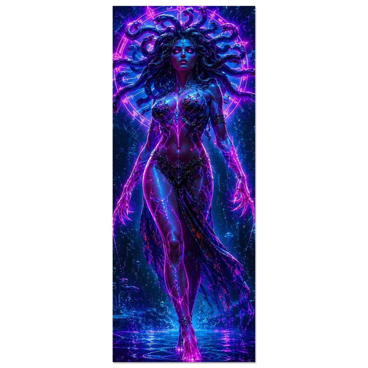 Neon-Medusa-Poster, hochkant: Figur mit dunklen Haaren und magentafarbenen Neonrändern