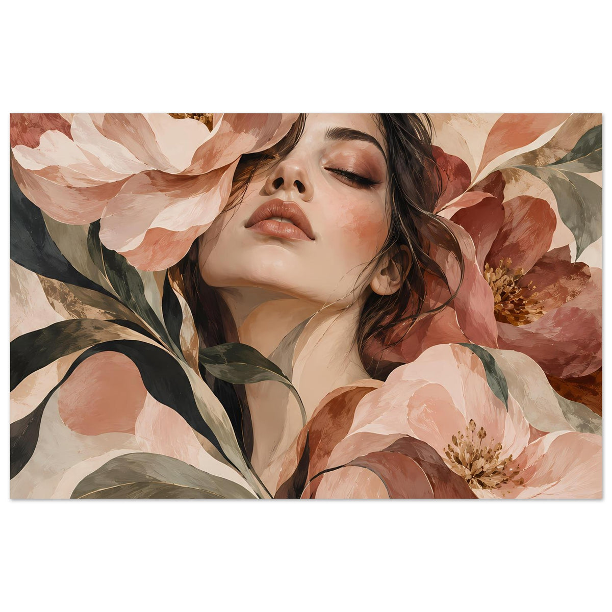 Blumenposter mit Porträt einer Frau zwischen großen Blüten, warmes Rosa-Beige, horizontal