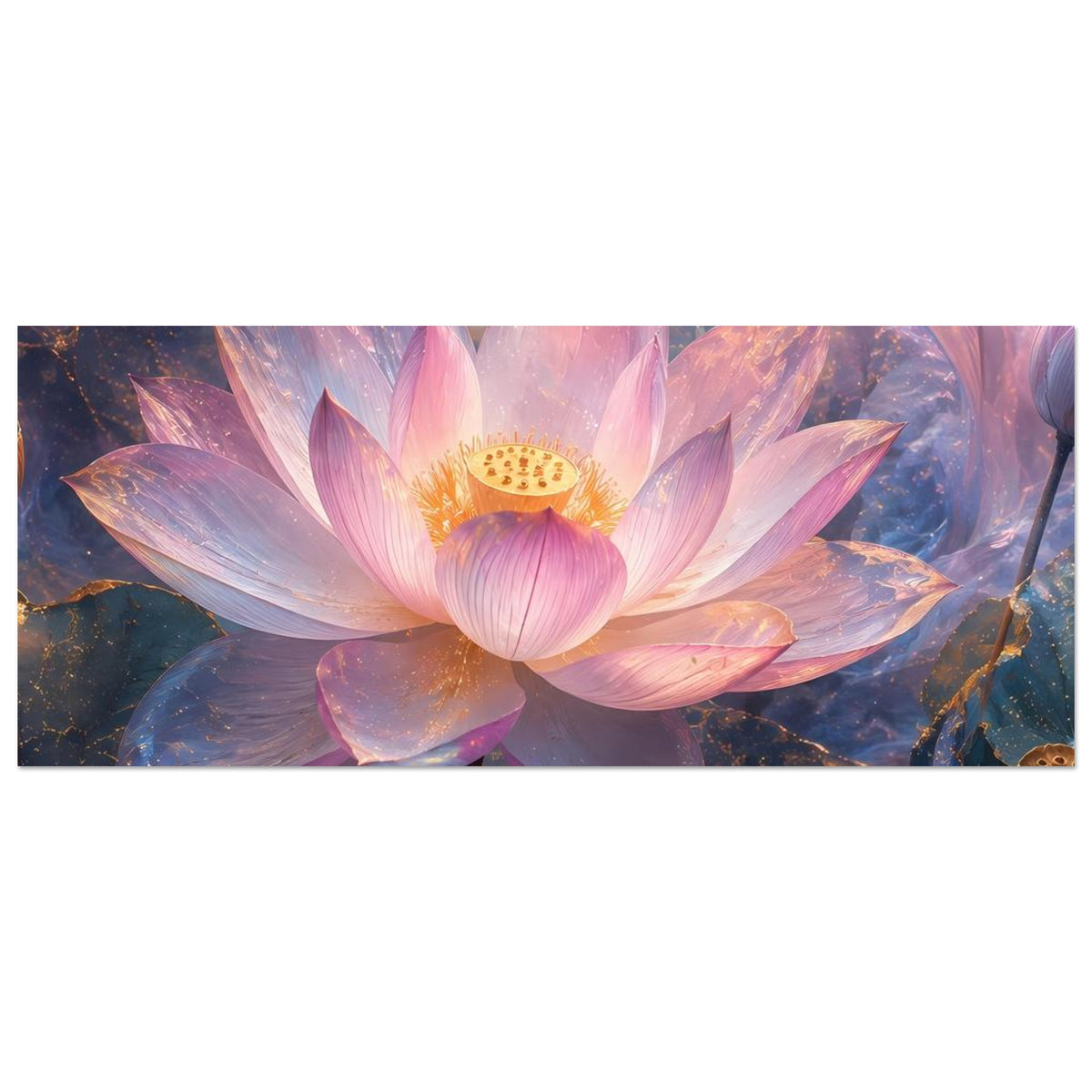 Breites Kunstposter: halb sichtbare Lotusblüte in Pastellrosa und Hellblau mit goldener Mitte