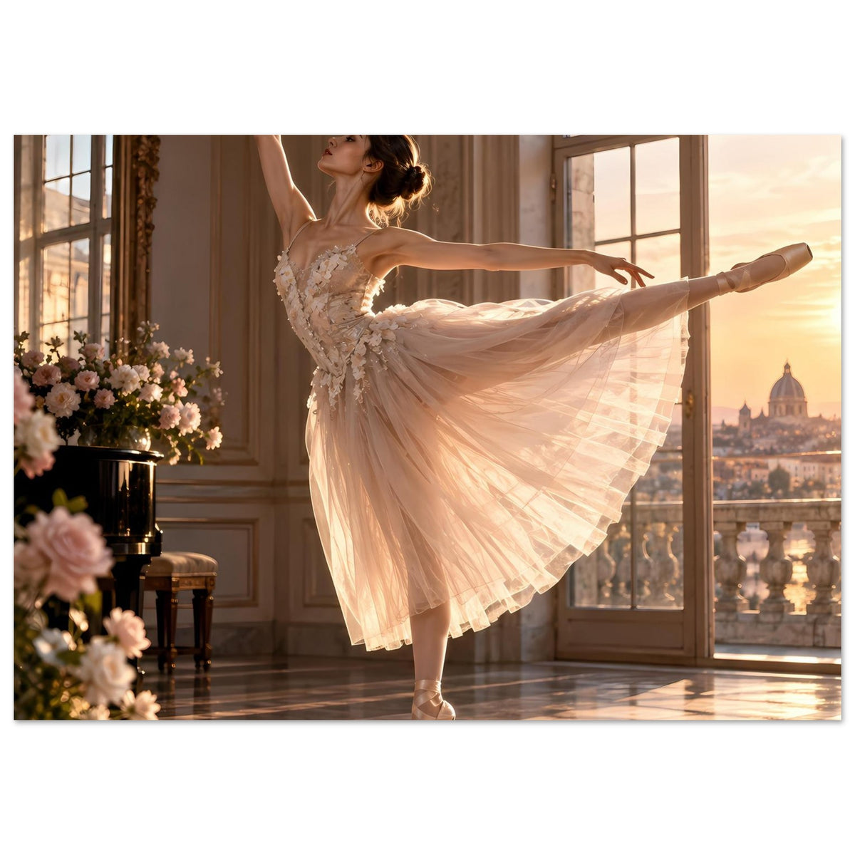 Poster mit Ballerina im weißen Spitzen-Tutu, Arabesque-Pose mit erhobenen Armen