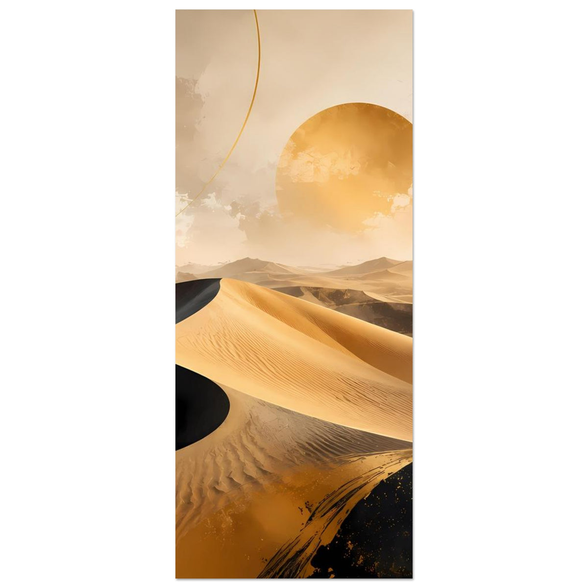 Hochformatiges Wüstenposter: goldene Dünen, schwarzer Sand und gelbe Sonnenscheibe