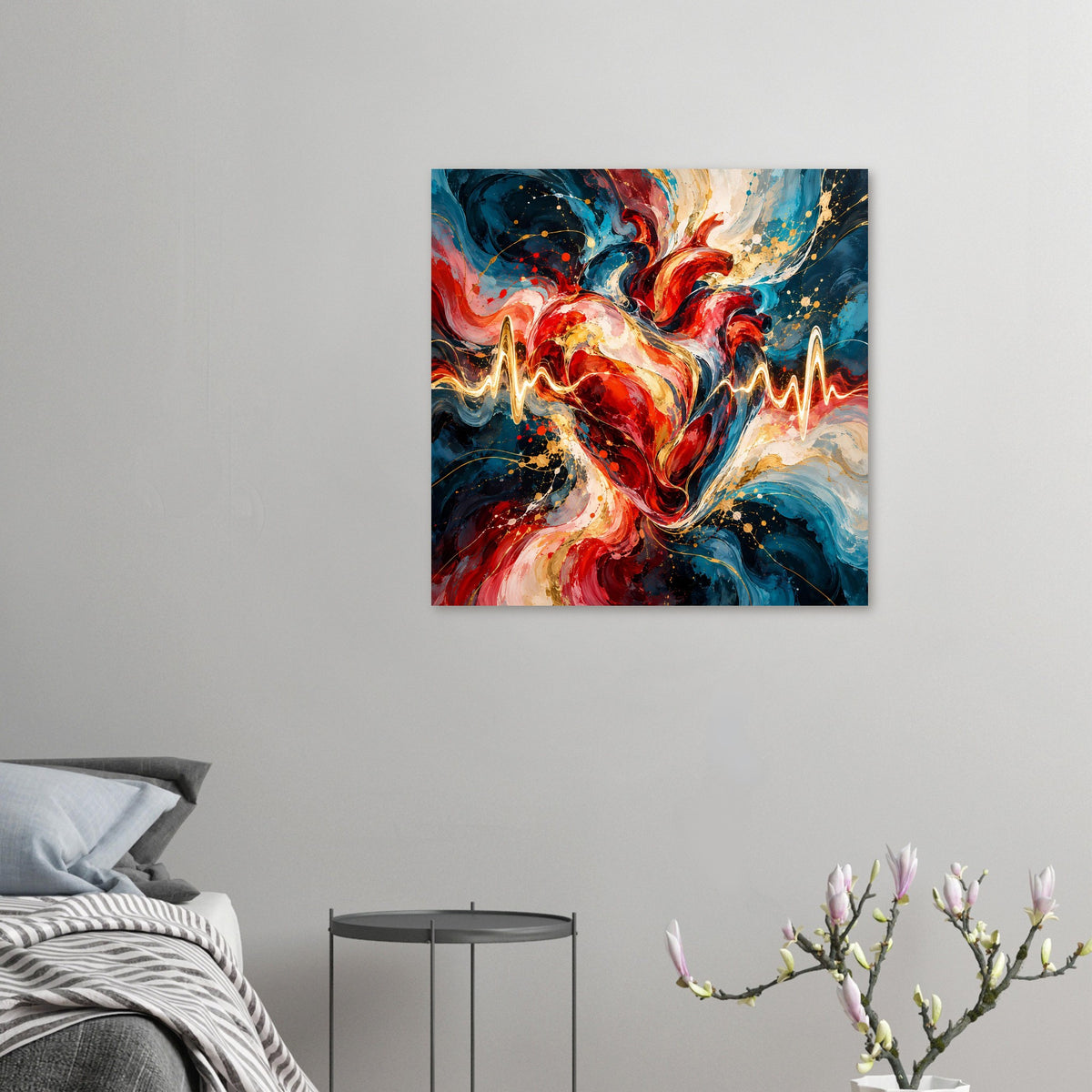 Kleines Poster mit abstraktem Herz und Herzschlaglinie, Rot-Blau-Gold Farbmischung