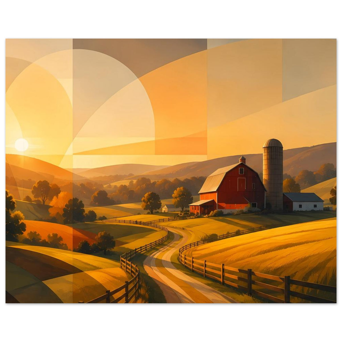 Abstraktes Wandbild mit roter Scheune, Siloturm und gewundenem Weg durch goldene Felder, geometrisch.