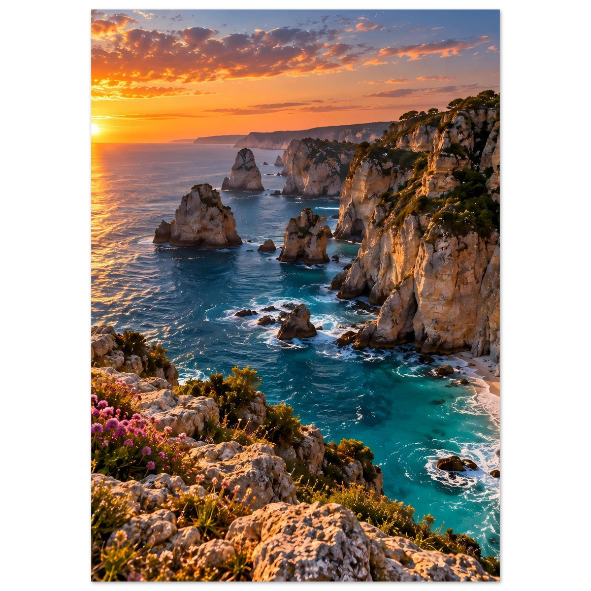 Küstenposter mit Sonnenuntergang über Küstenfelsen und türkisblauem Wasser