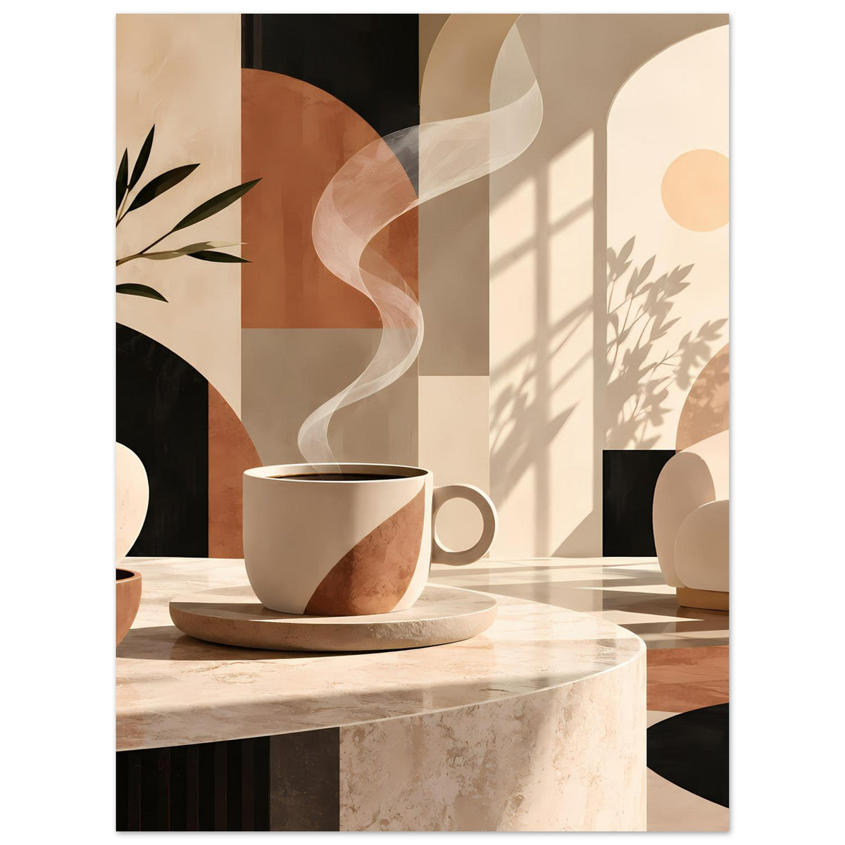 Poster mit warmem Erdtöne-Motiv: Tasse auf Untertasse, Pflanzenzweig links, Sofa rechts