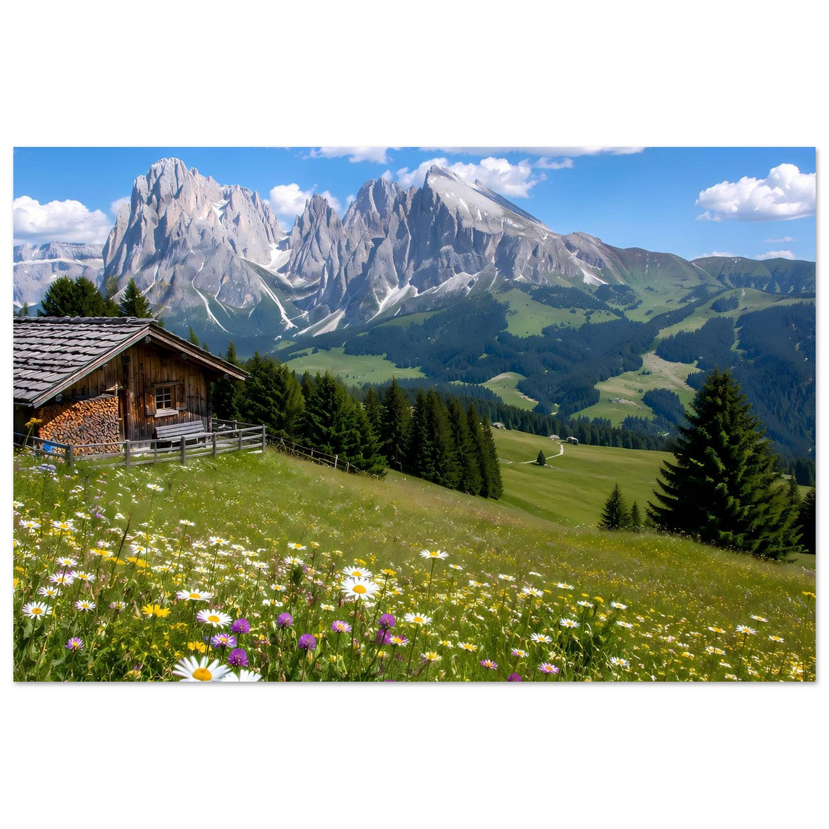Landschaftsposter mit Alpenbergen, grünen Tälern und Berghütte, Wiesenblumen im Vordergrund