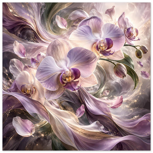 Blumenposter mit violetten und cremefarbenen Orchideenblüten, Blättern und Ranken
