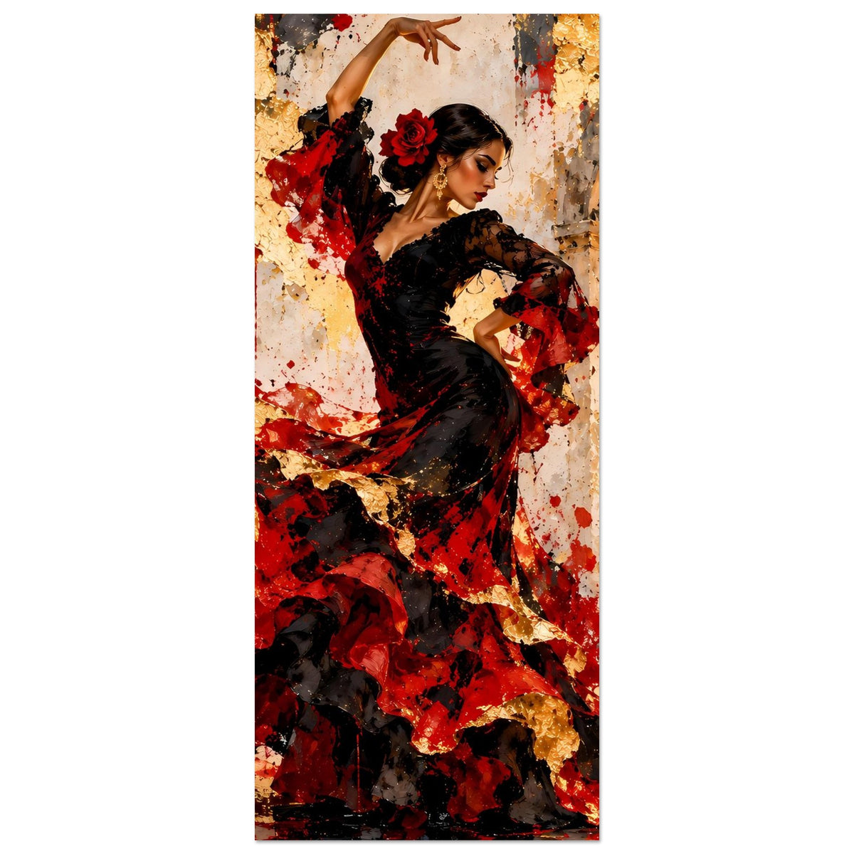 Poster mit Flamenco-Tänzerin in Schwarz und Rot, vertikaler Bildausschnitt bis zu den Rockfalten