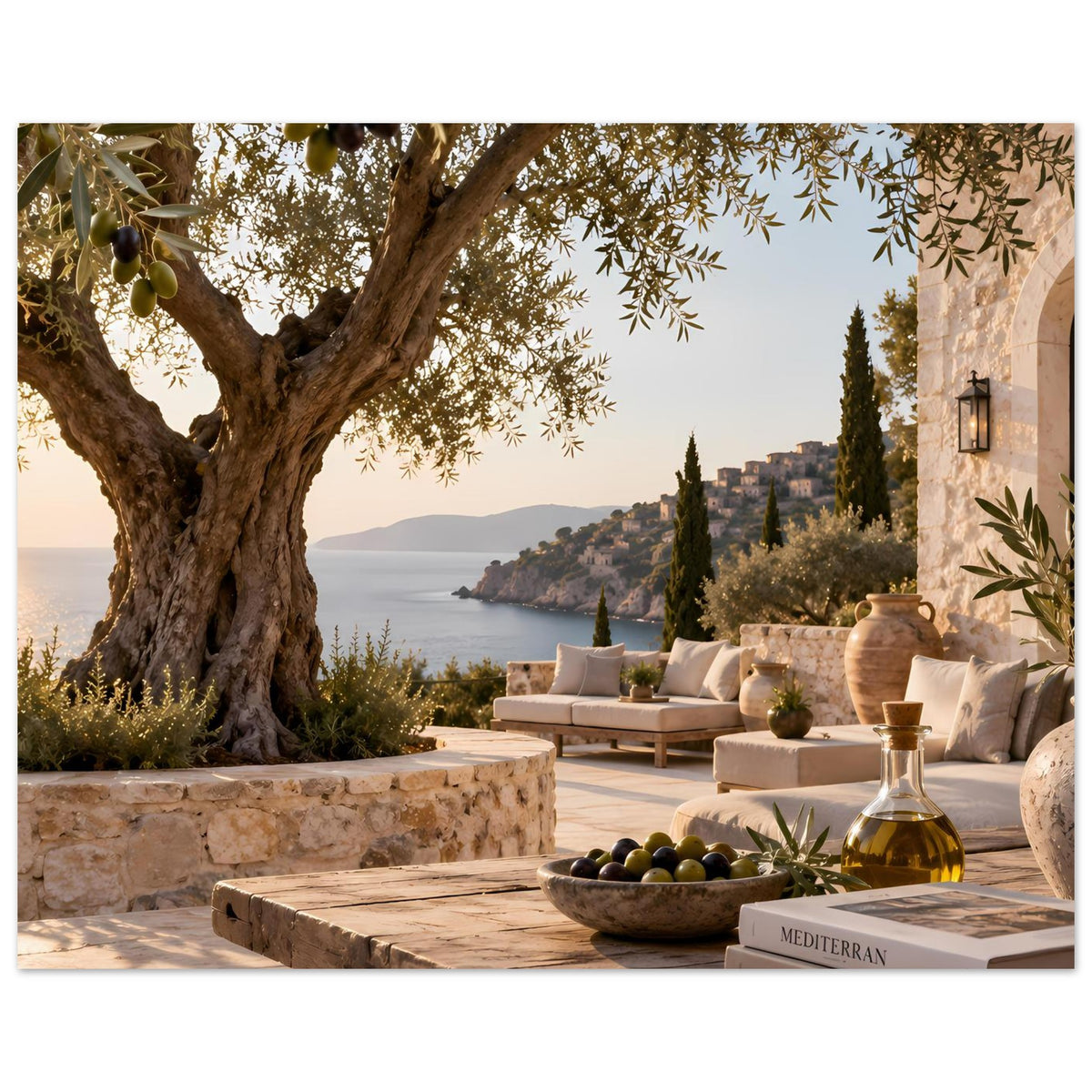 Mediterranes Landschaftsposter mit Olivenbaum, Terrasse, Laterne und Ölflasche im Vordergrund