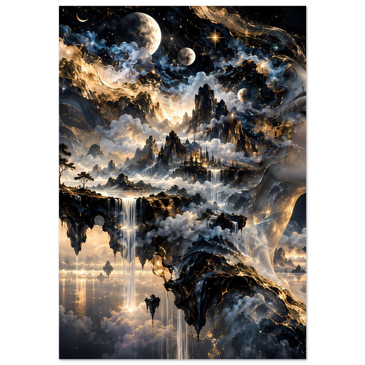 Surreales Poster mit kosmischer Szene: große Mondscheibe, Sterne und Wasserfalllandschaft