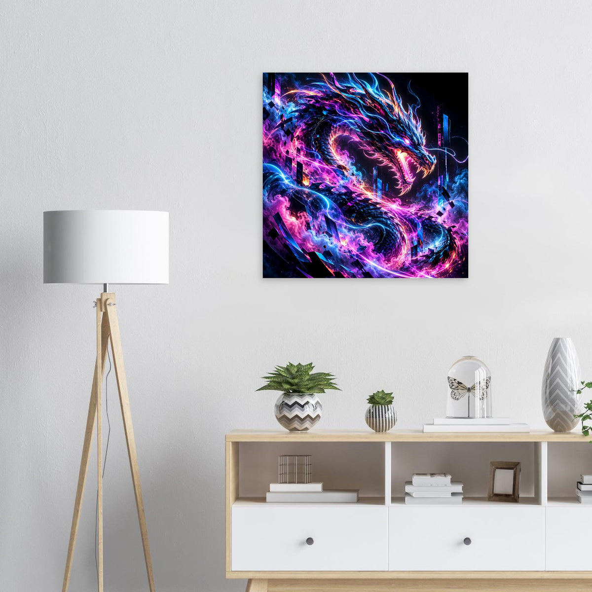 Quadratisches Poster mit leuchtendem Cyber-Drachen im Neonblau, Pink und Lila, schwarzer Rahmen