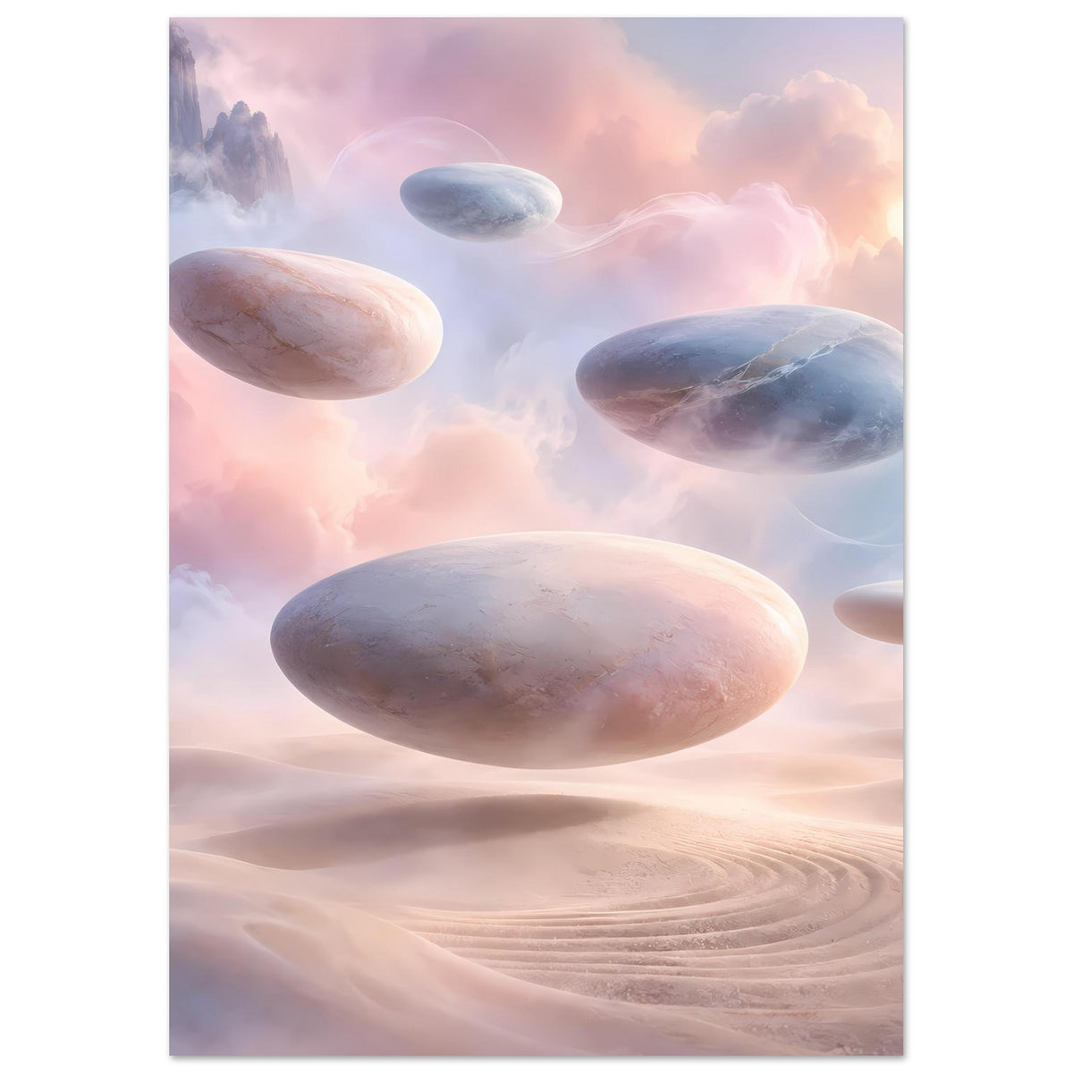 Hochformatiges Pastellposter mit schwebenden Steinen und sanften Wolken über Wüstendünen.