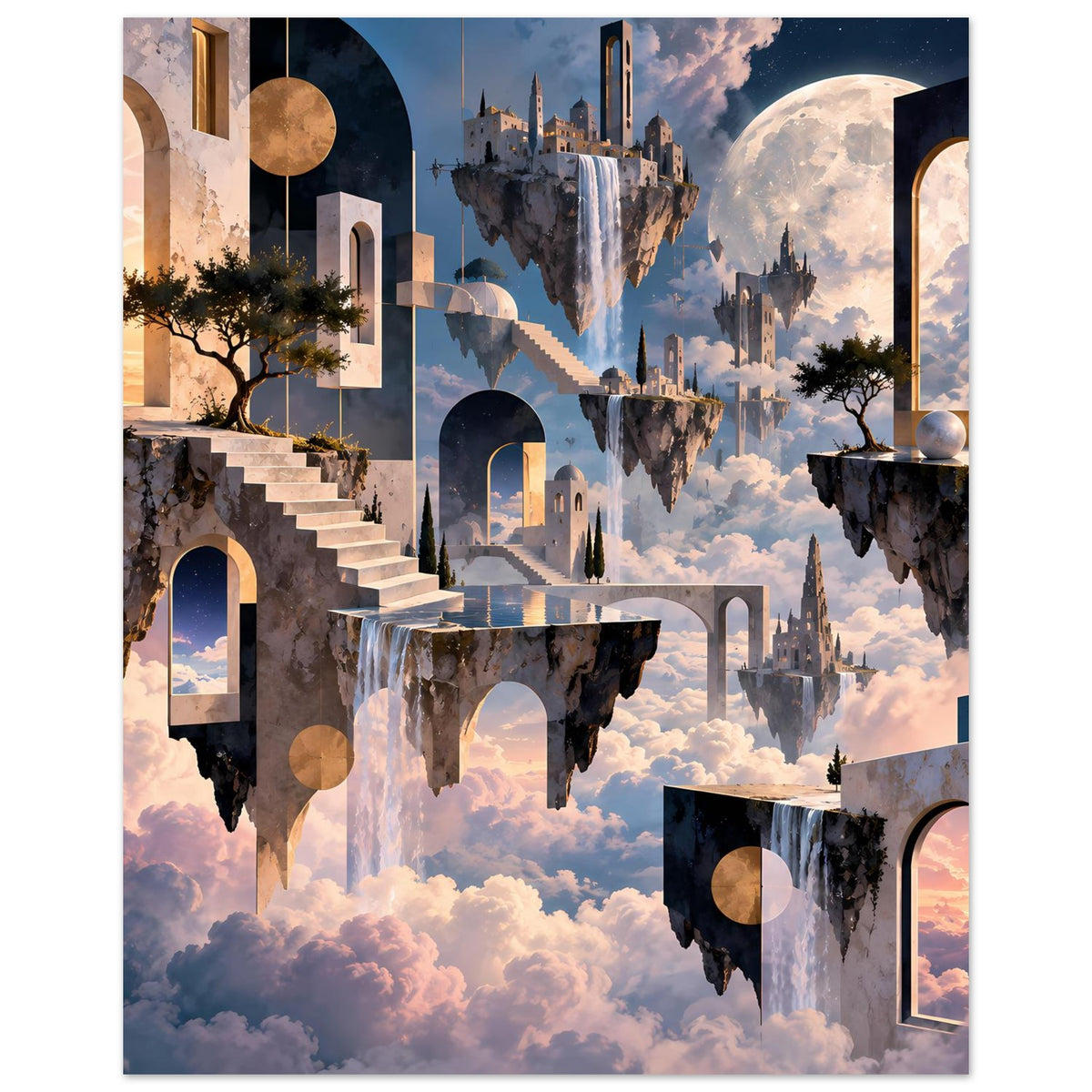 Poster mit schwebenden Inseln, Treppe links und Türöffnungen, Mondsichel über einer Himmelslandschaft