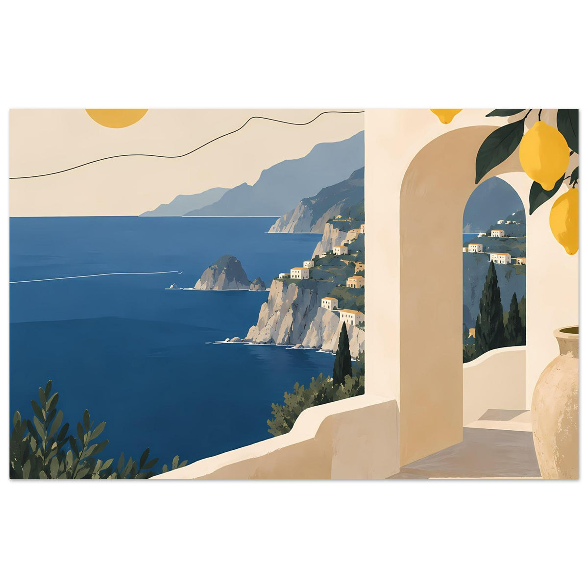 Wandposter mit mediterraner Küste: Meer, Klippenhäuser, Bogengang und Zitronenmotiv