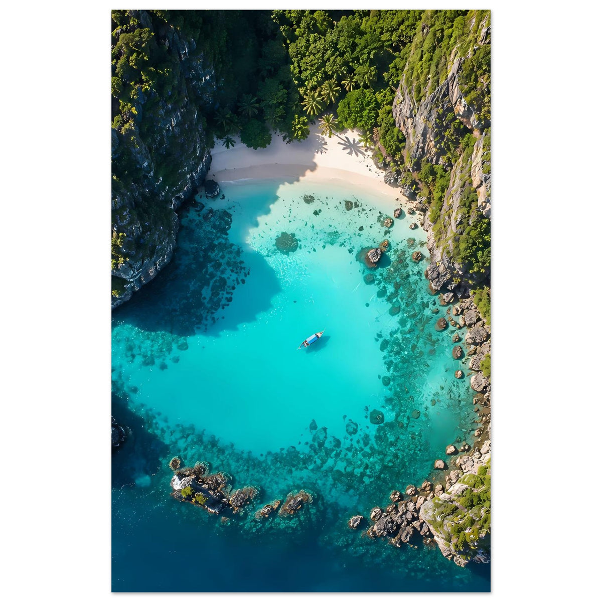 Vertikales Poster mit tropischer Lagune in Türkis, Boje und bewachsene Felsen