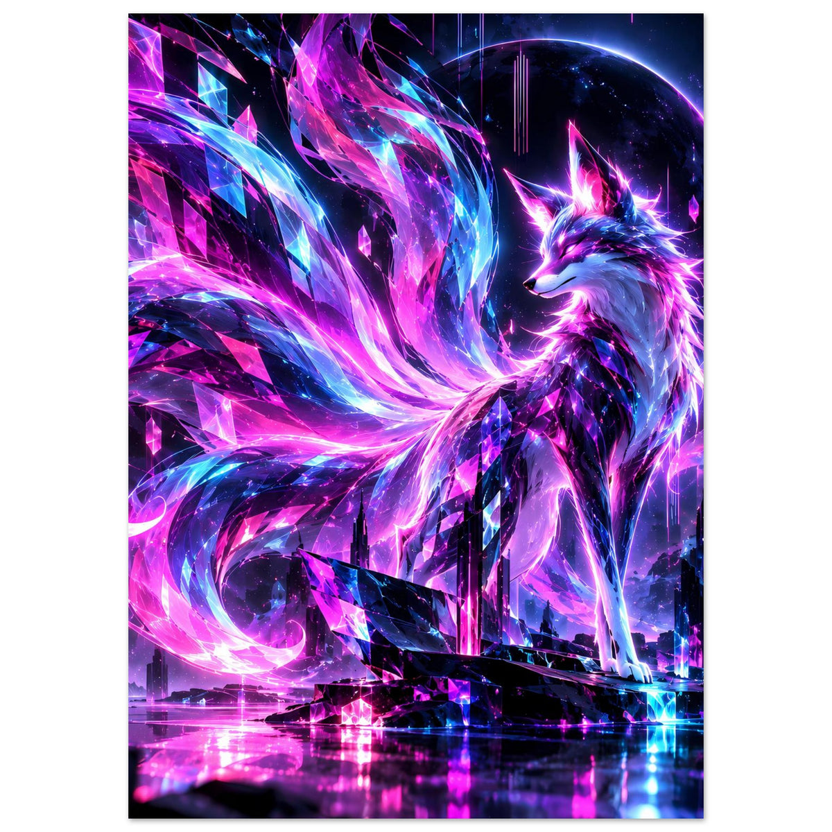 Neonfuchs-Poster mit violettem Funkeln und blauen Flammenströmen, Fuchs in der Mitte