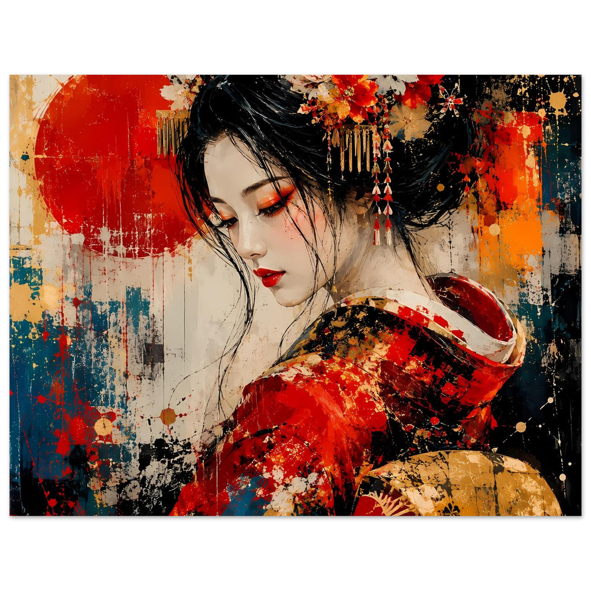 Nahes Poster: Geisha im roten Kimono mit goldenen Akzenten, Blick seitlich.