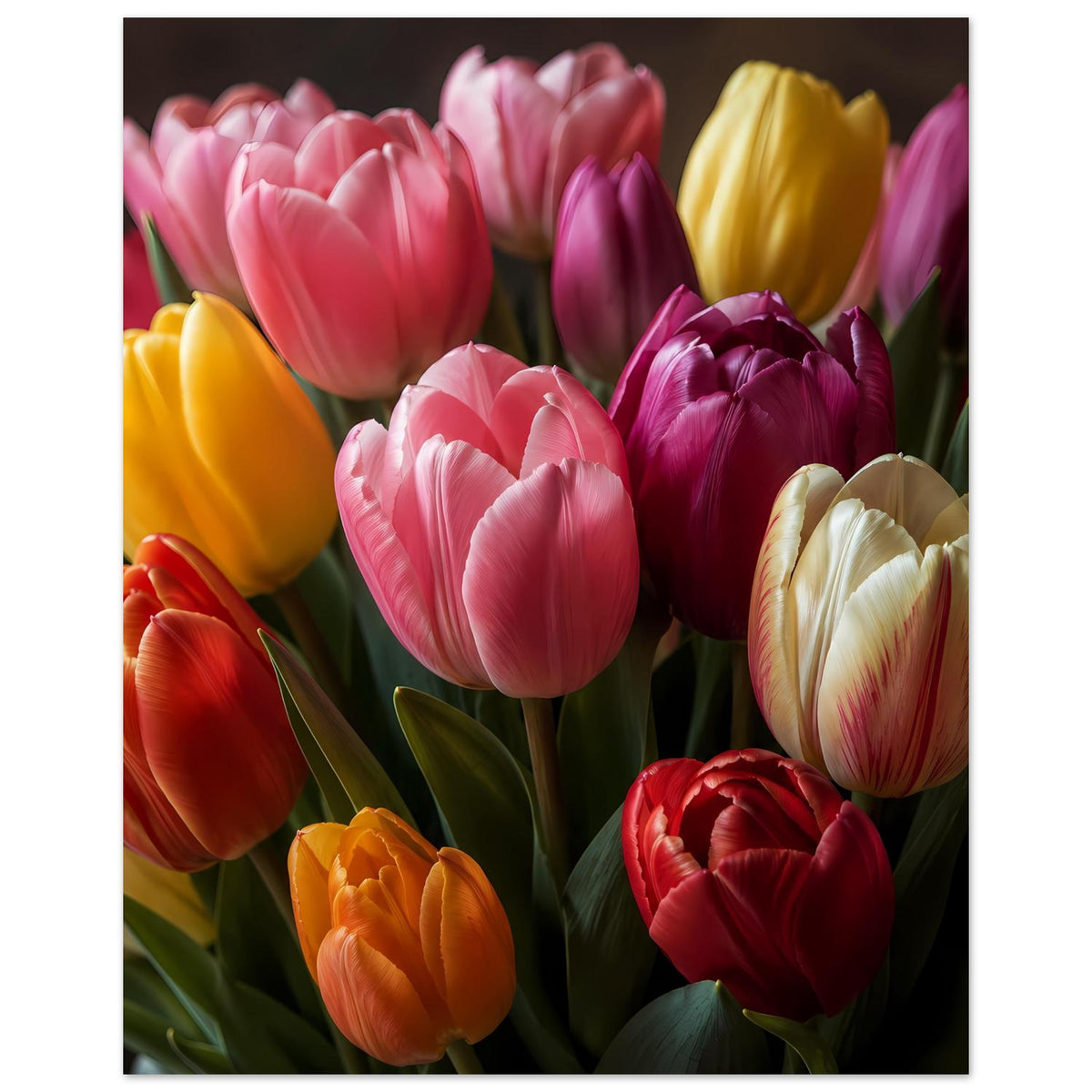 Tulpenstrauß-Poster, Hochformat: Tulpenbouquet mit rosa, lila, gelben und roten Blüten.