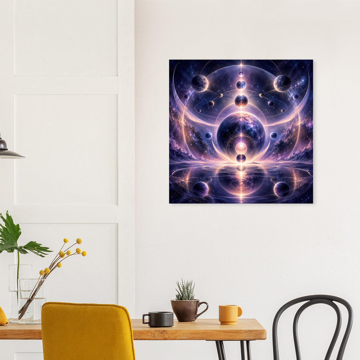 Quadratisches Poster mit Weltraum-Symmetrie, violetten Nebeln und planetaren Kreisen.