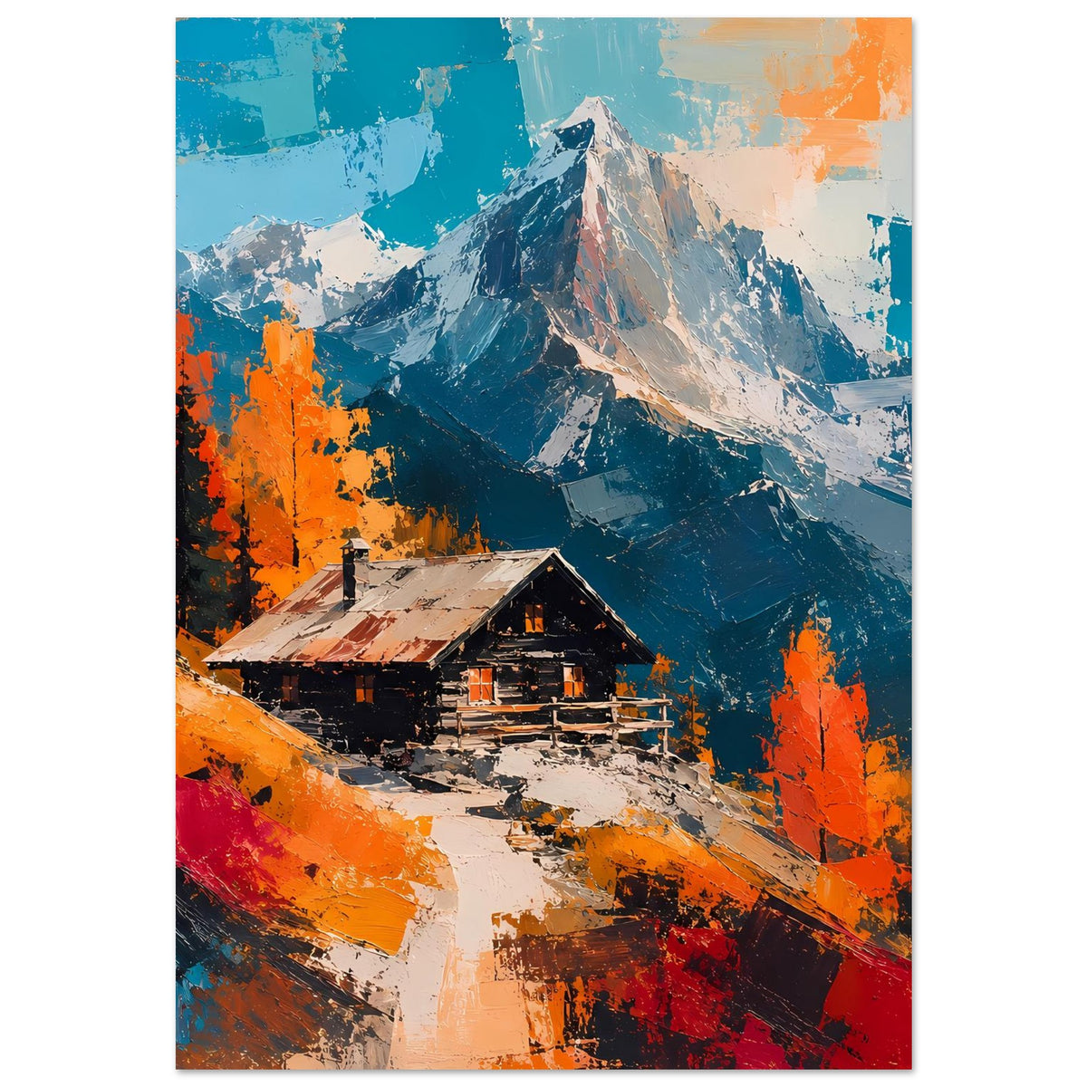 Wandposter mit Alpenhütte, hohe Berggipfel und orange Baumkronen im Farbkontrast