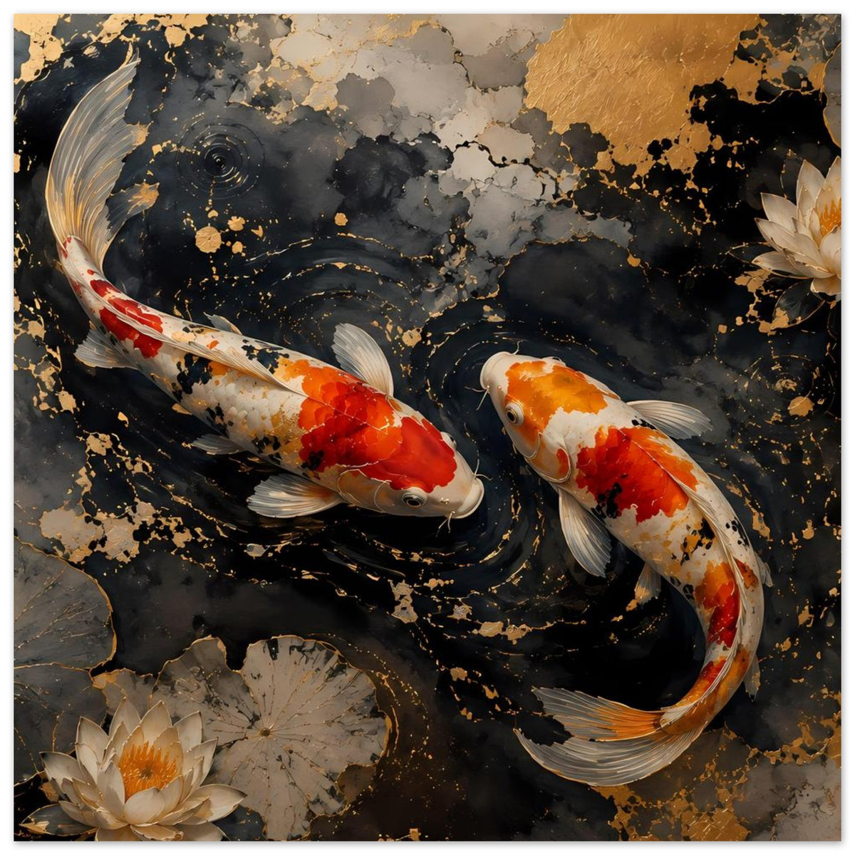 Poster mit zwei Koi-Fischen und Seerosen im schwarzen Wasser, goldene Sprenkel