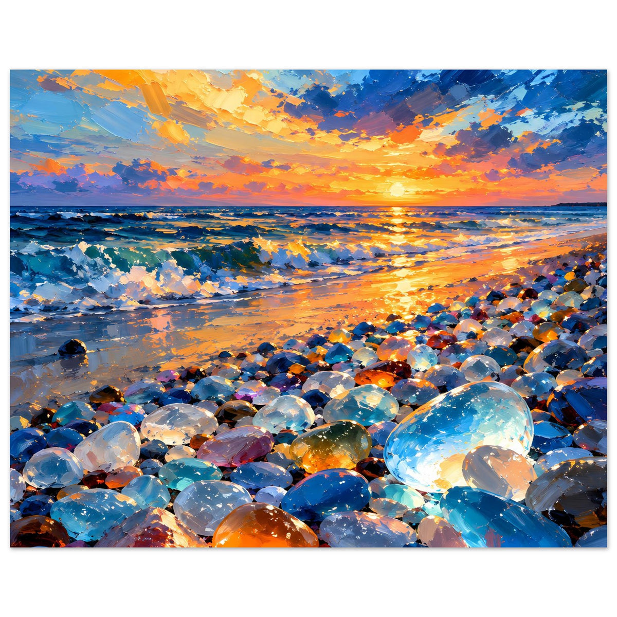 Querformat-Poster: Sonnenuntergang über dem Meer, viele bunte Kiesel/Glassteine am Strand