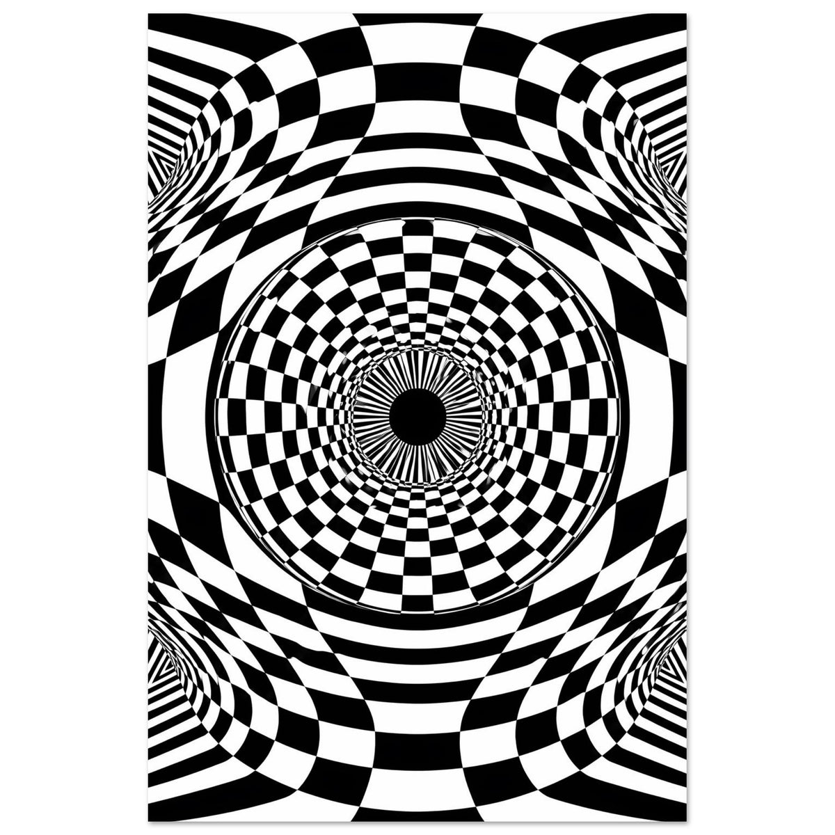 Quadratisches Schwarz-weiß-Poster mit zentriertem Schachbrettkreis und strahlenförmigen Rändern