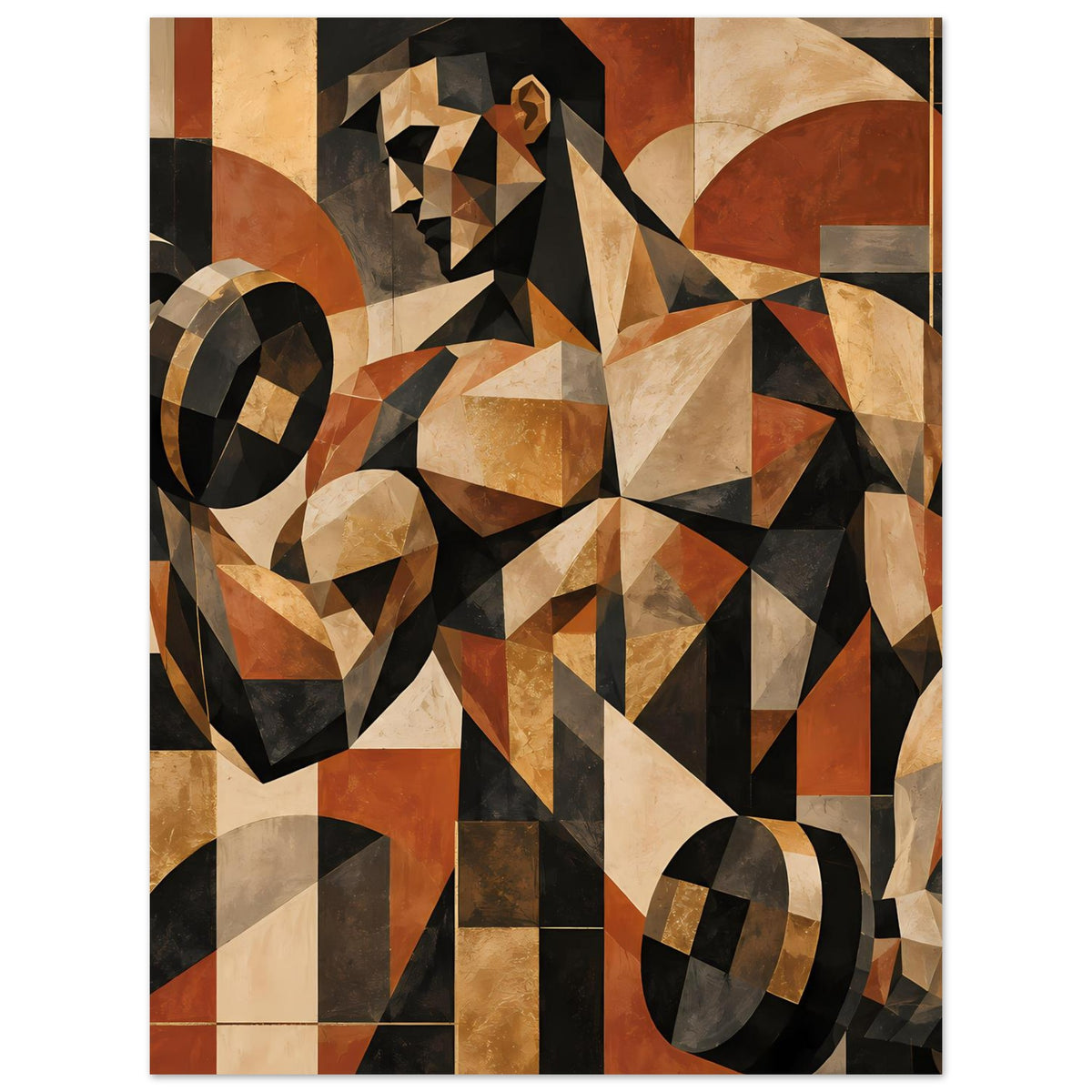 Abstraktes Kunstposter mit geometrischen Formen in Beige, Schwarz und orangebraun; Fokus auf Zentrum.