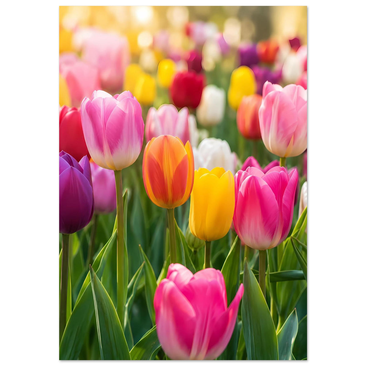 Tulpen-Gartenposter mit rosa und violetten Tulpen sowie gelben Farbakzenten