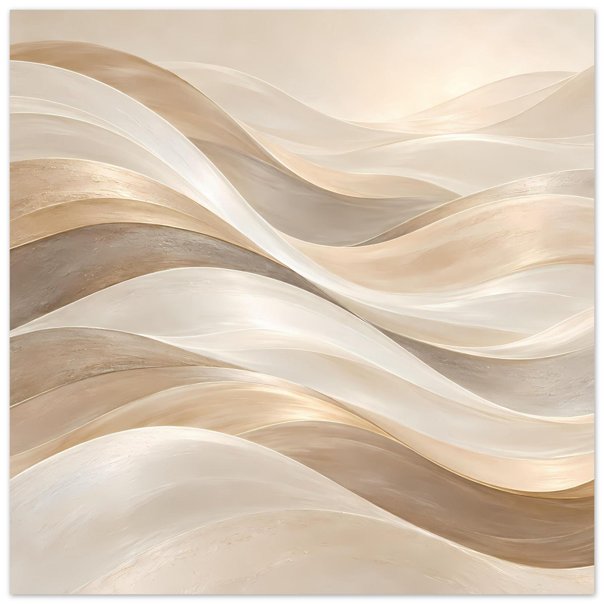 Kunstposter im Querformat mit abstrakten Wellen in Creme, Beige und Gold, gerahmt