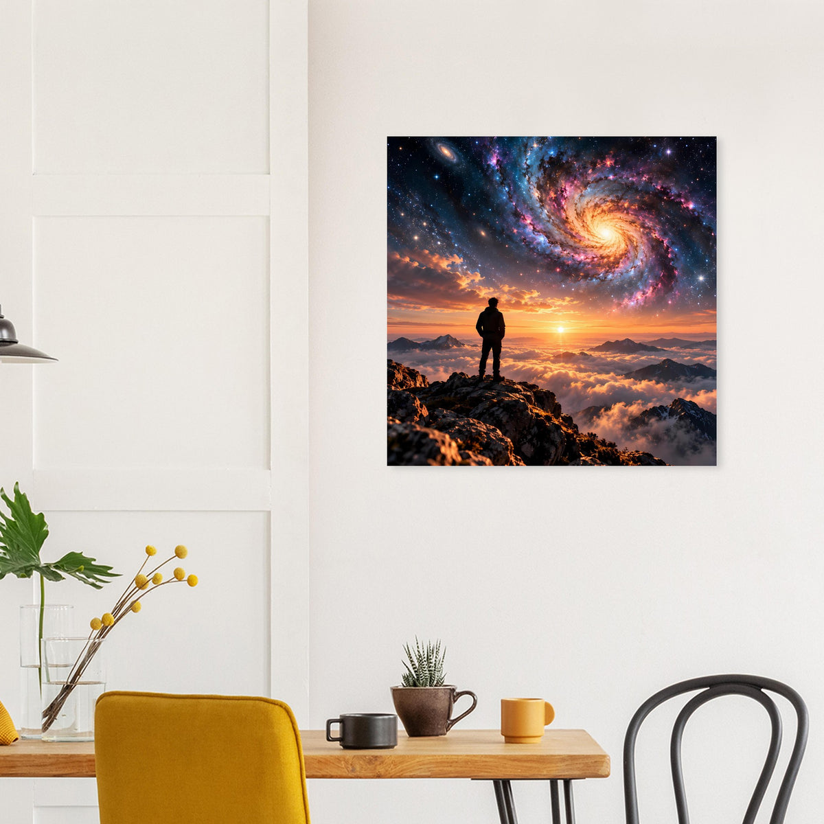 Poster an Wand mit Silhouette auf Bergspitze vor Galaxie im Sonnenuntergang