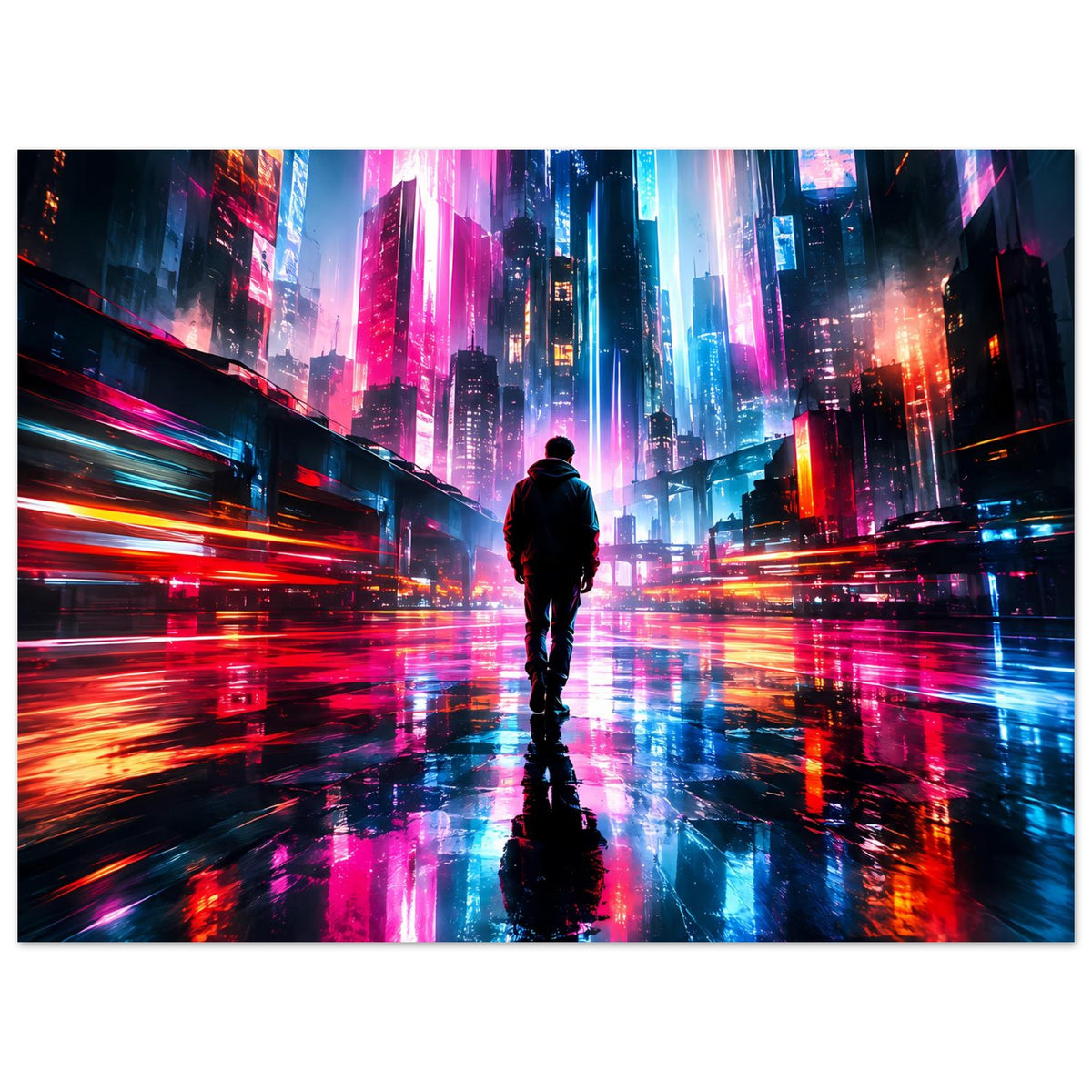 Horizontales Cyberpunk-Poster: einsamer Mann auf spiegelnder Straße, Neon in Pink und Blau.