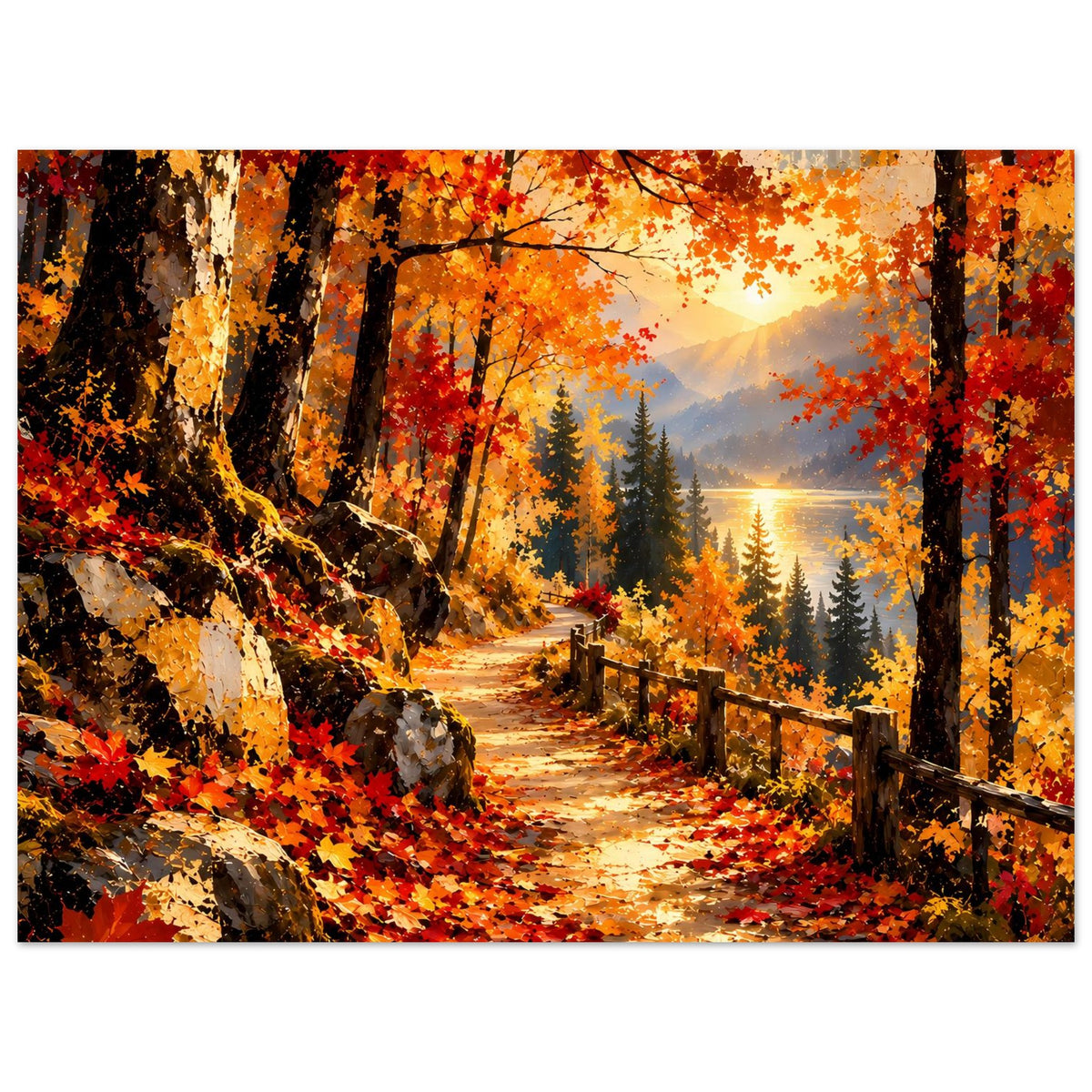 Herbstliches Wanderweg-Poster mit Felsrand, Waldweg und rotem sowie orangefarbenem Laub
