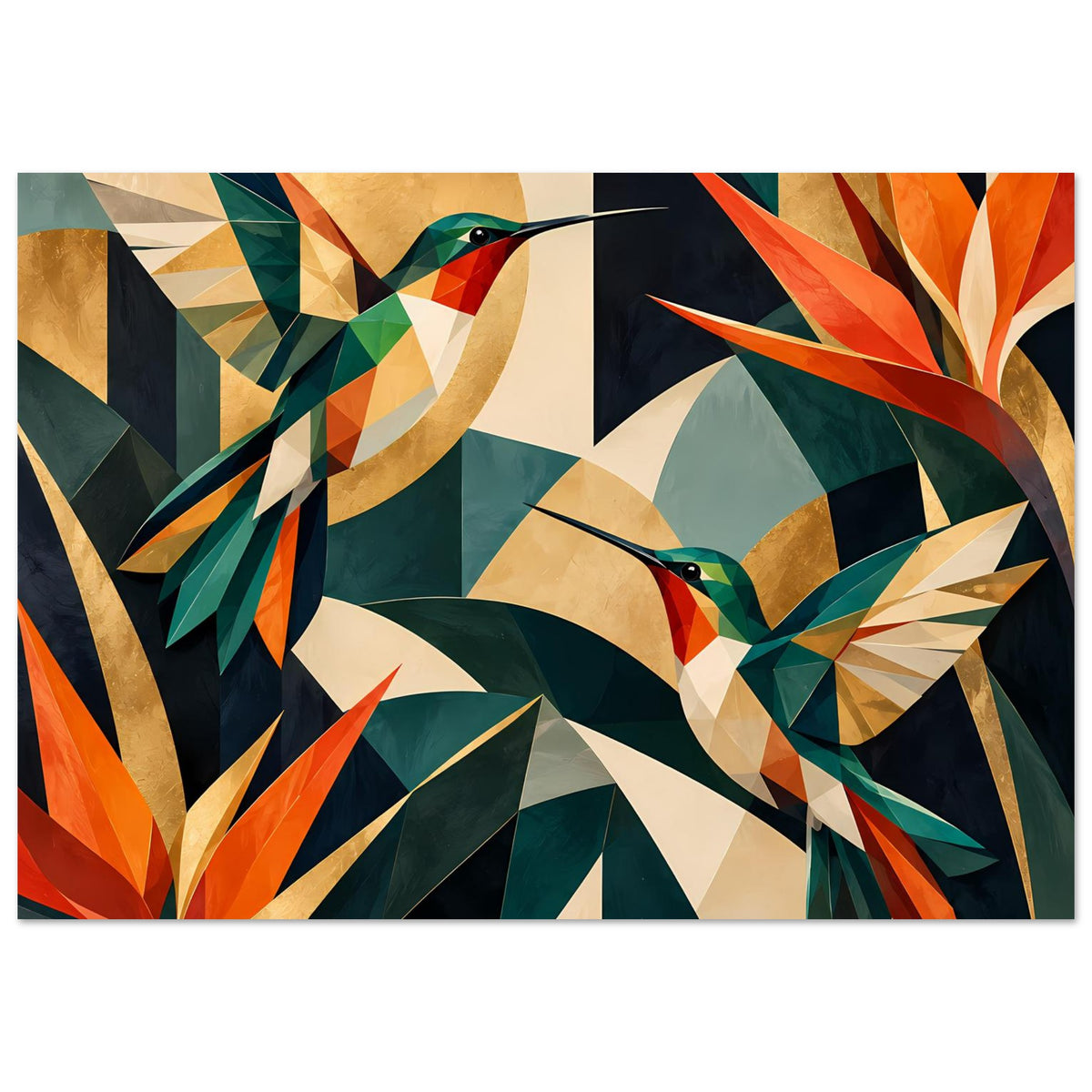 Wandposter im Querformat: geometrische Kolibris mit bunten Blatt-Silhouetten