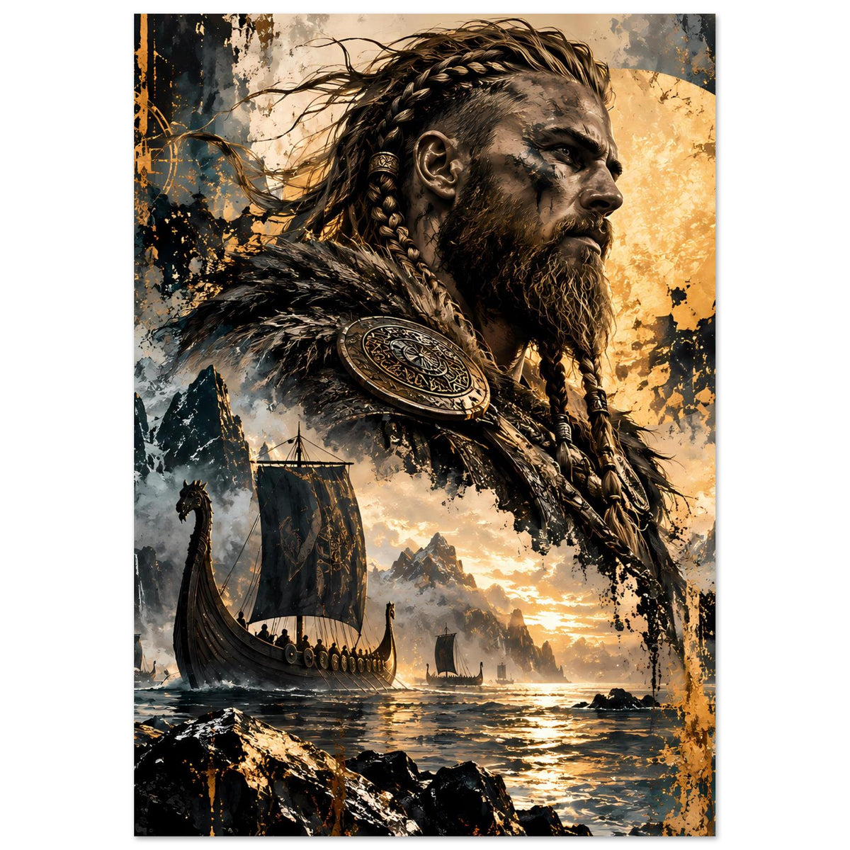 Poster im Hochformat: Viking-Kriegerkopf und Mantel, Schild runder Prägung, Sonne im Hintergrund