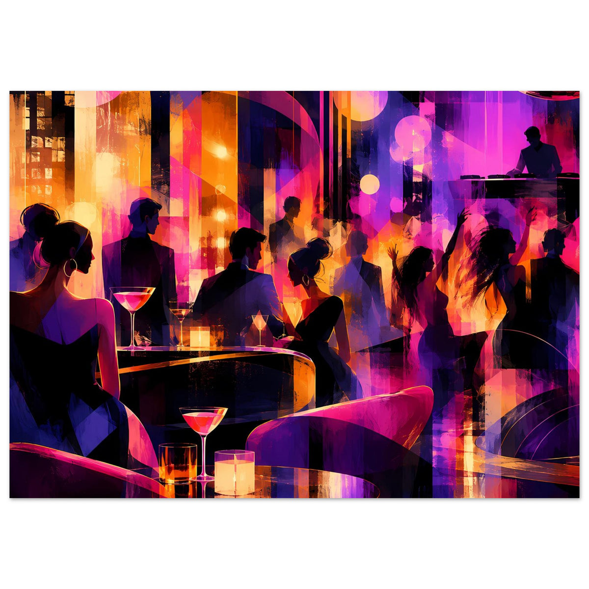 Nachtclub-Poster: tanzende Silhouetten und Bartresen, orange-violette Lichtstreifen, Cocktailgläser vorne.