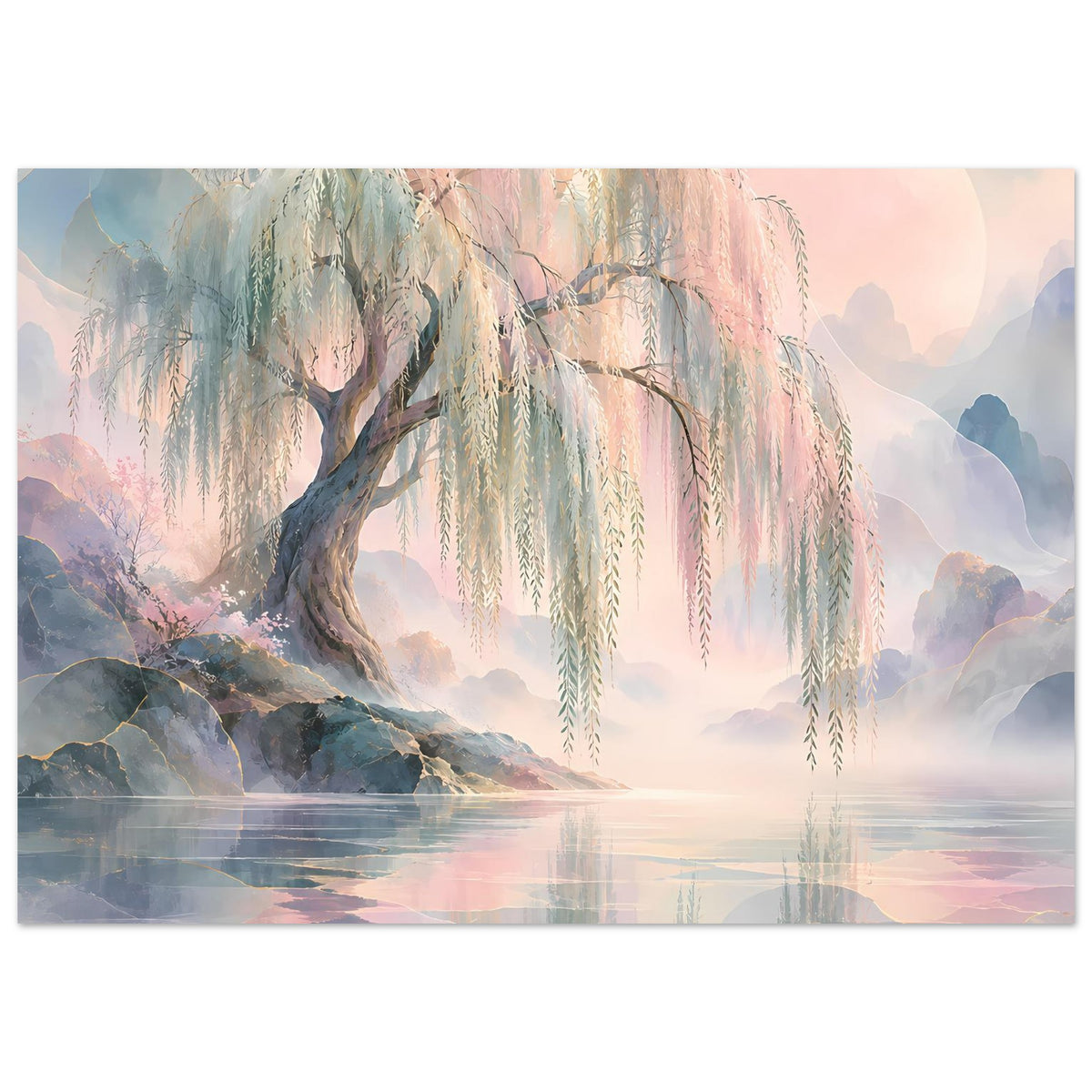 Naturposter mit Trauerweide über Wasser, zarte Farbübergänge in Blau Rosa und Grün