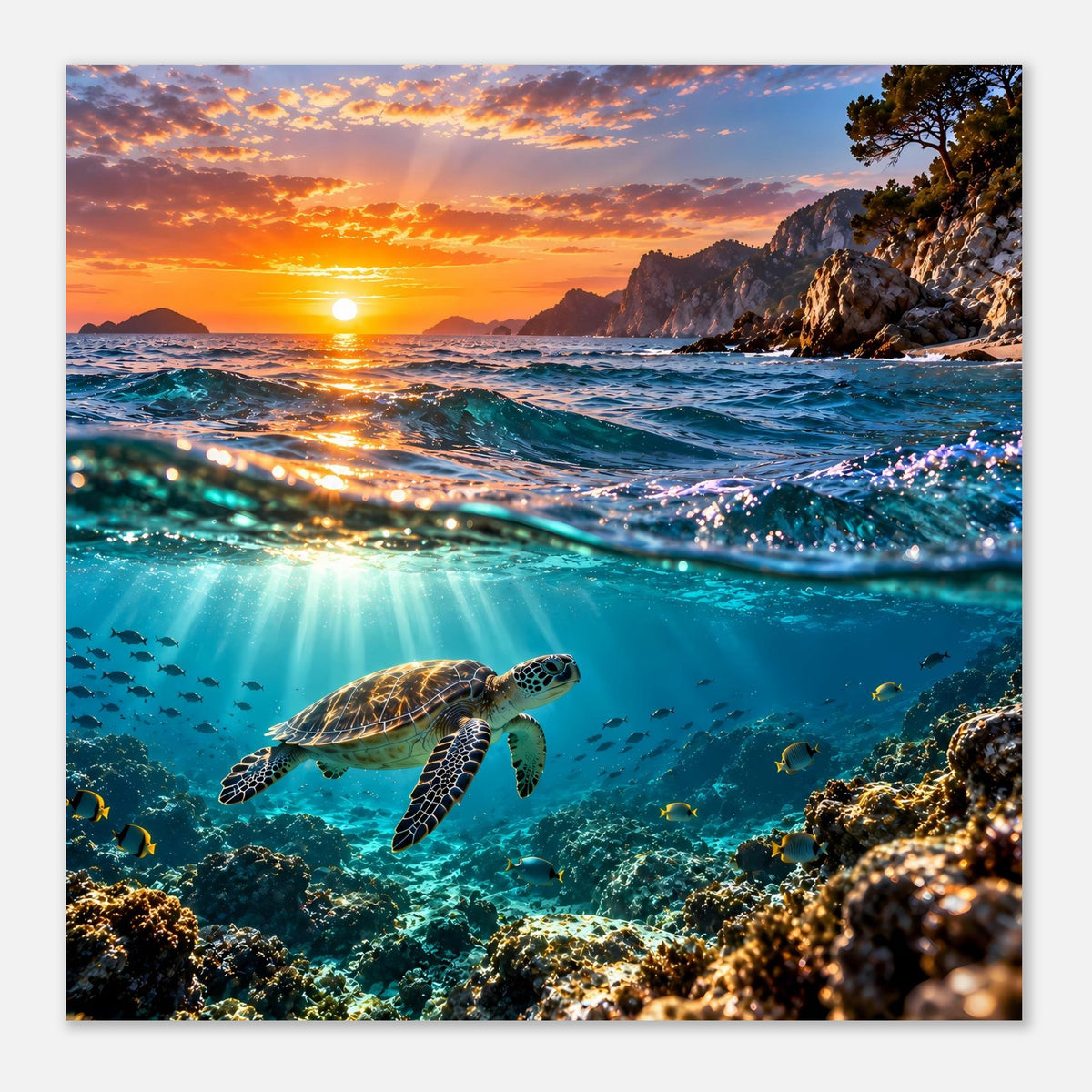 Poster mit Meeresschildkröte im Meer bei Sonnenuntergang, Hochformat
