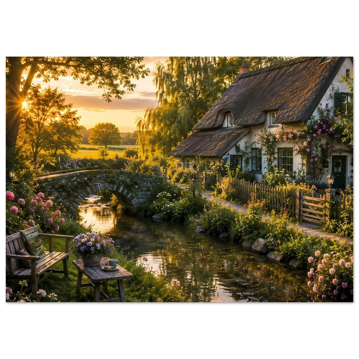 Posteransicht mit Bach, Steinbogenbrücke, blühenden Beeten und Landhaus