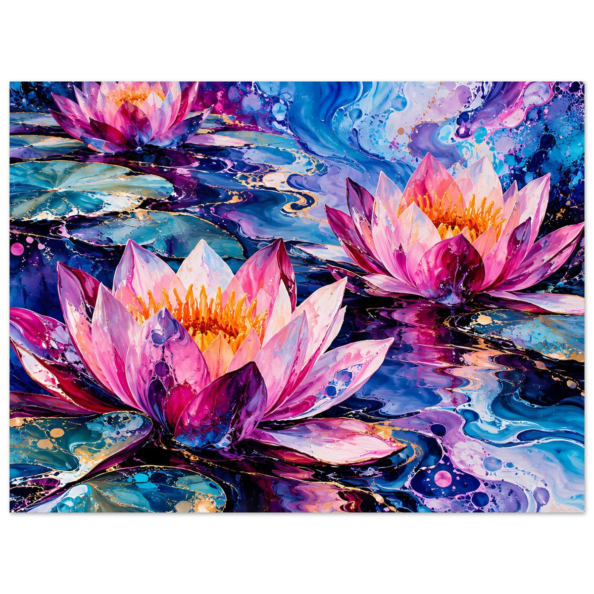 Abstraktes Seerosen-Blumenposter mit drei Seerosen und violetten Farbwirbeln im Wasser