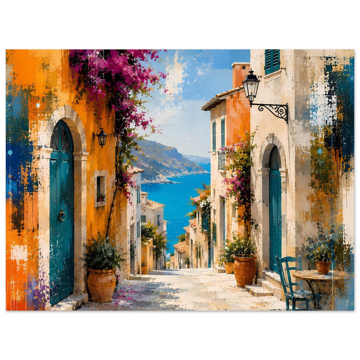 Mediterranes Gassen-Poster: beidseitige Fassaden, Meer im Tal, Blumenkranz und Farbspritzer