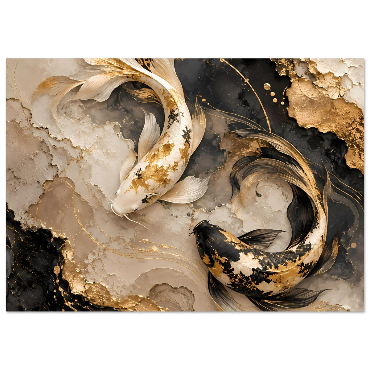Kunstposter im Querformat: zwei Koi-Fische, goldene Details und schwarze Farbflächen